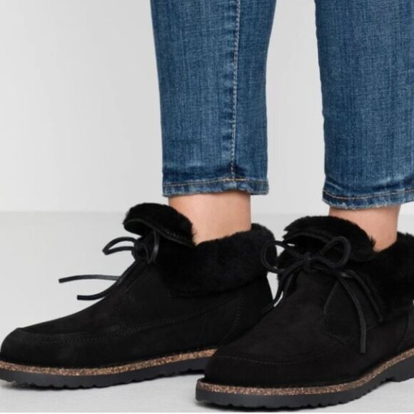 Birkenstock Shoes - BIRKENSTOCK I Bakki Black Suede Genuine Shearling Ankle Chukka Boots, 40